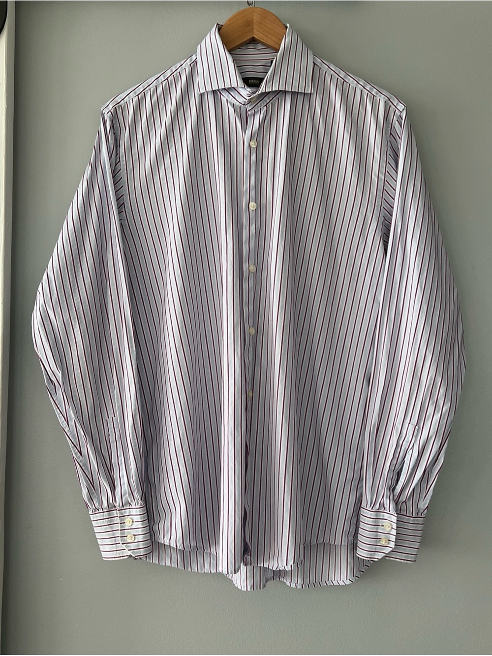 Hugo Boss Shirt Men’s L 16 1/2 34/35 Purple Button Up Long Sleeve Striped Cotton
